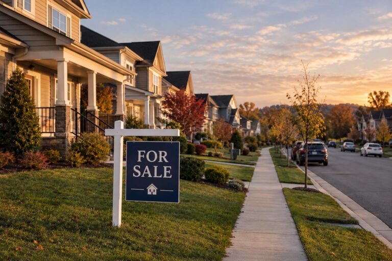 Quiet Virginia suburban neighborhood with homes and a real estate sign on a front lawn.