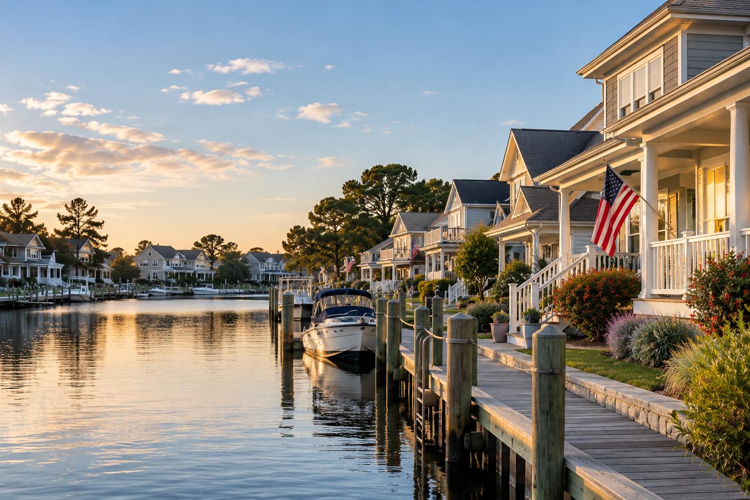 Waterfront neighborhood with coastal homes, private docks, and boats along a quiet canal in Virginia.